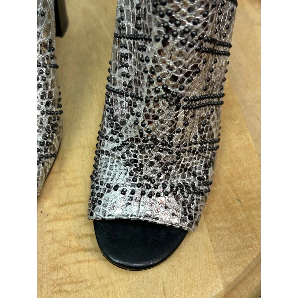 Calvin Klein Jules Booties Women 9.5 Silver Metallic Snakeskin Beaded Peep Toe